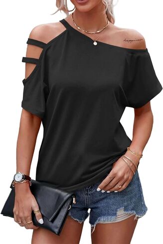 LilyCoco Women's Off The Shoulder Top Short Sleeve Cutout Asymmetrical Neck T Shirt in Kuwait