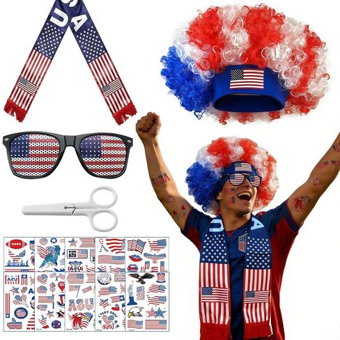 2026 World Cup American Patriotic Accessories, US Flag-Colored Clown Wig (Glasses+Scarf Included) and 107Pcs American Flag Stickers, Waterproof 4th of July Stickers & 250th Anniversary Patriotic Kit in Saudi Arabia