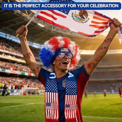 2026 World Cup American Patriotic Accessories, US Flag-Colored Clown Wig (Glasses+Scarf Included) and 107Pcs American Flag Stickers, Waterproof 4th of July Stickers & 250th Anniversary Patriotic Kit in Saudi Arabia
