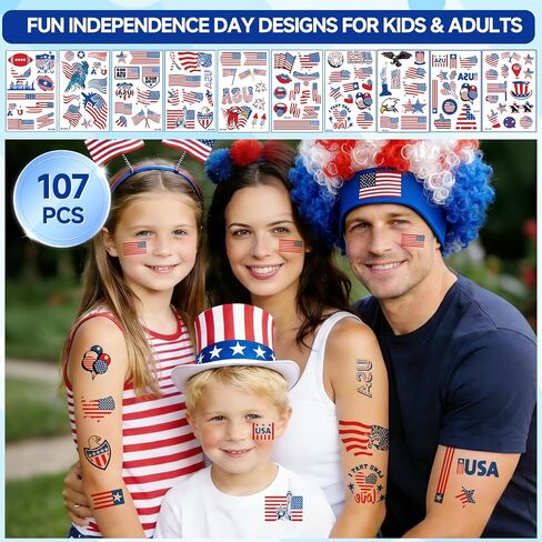 2026 World Cup American Patriotic Accessories, US Flag-Colored Clown Wig (Glasses+Scarf Included) and 107Pcs American Flag Stickers, Waterproof 4th of July Stickers & 250th Anniversary Patriotic Kit in Saudi Arabia