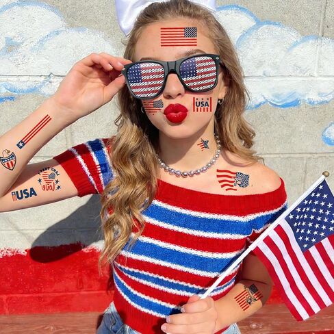 2026 World Cup American Patriotic Accessories, US Flag-Colored Clown Wig (Glasses+Scarf Included) and 107Pcs American Flag Stickers, Waterproof 4th of July Stickers & 250th Anniversary Patriotic Kit in Saudi Arabia