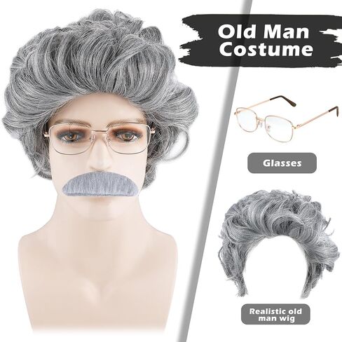 Old Man Costume Grandpa Accessories Old Men Hat Wig Outfit for Men with Eyebrows Beard Bow Tie Suspender Glasses and Cane in Saudi Arabia