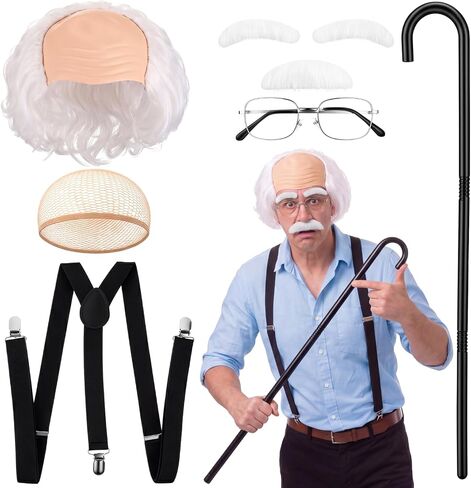 6 Pcs Old Man Costume Set Old Man Wig Hairnet Eyebrows Mustache Glasses Suspender Cane for Grandpa Halloween Cosplay in Saudi Arabia
