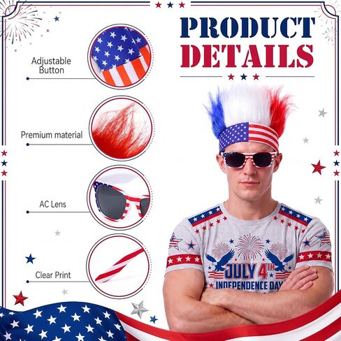 Chicingyou 24 Pcs 4th of July Hair Accessories American Flag Headbands and Patriotic Sunglasses Bulk 4th of July Wig Hats Red White and Blue Headbands Independence Day Party Costume in Kuwait