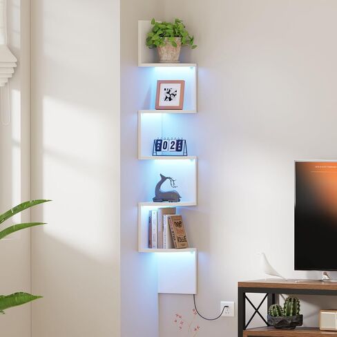 Qupui 5-Tier Corner Shelf with LED Lights, 49 Inch Floating Wall Mounted Corner Shelf for Bedroom Living Room Bathroom, White Corner Bookshelf Display Stand with RGB Lighting in Saudi Arabia