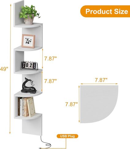 Qupui 5-Tier Corner Shelf with LED Lights, 49 Inch Floating Wall Mounted Corner Shelf for Bedroom Living Room Bathroom, White Corner Bookshelf Display Stand with RGB Lighting in Saudi Arabia