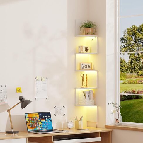 Qupui 5-Tier Corner Shelf with LED Lights, 49 Inch Floating Wall Mounted Corner Shelf for Bedroom Living Room Bathroom, White Corner Bookshelf Display Stand with RGB Lighting in Saudi Arabia