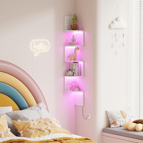 Qupui 5-Tier Corner Shelf with LED Lights, 49 Inch Floating Wall Mounted Corner Shelf for Bedroom Living Room Bathroom, White Corner Bookshelf Display Stand with RGB Lighting in Saudi Arabia