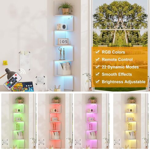 Qupui 5-Tier Corner Shelf with LED Lights, 49 Inch Floating Wall Mounted Corner Shelf for Bedroom Living Room Bathroom, White Corner Bookshelf Display Stand with RGB Lighting in Saudi Arabia