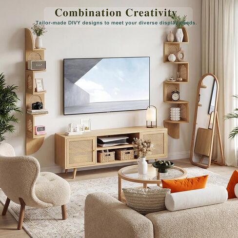 5-Tier Floating Corner Shelves for Wall, Zigzag Corner Shelf Unit, PVC Rattan Sides, Space-Saving, for Kitchen, Living Room, Bedroom, Boho Style, Oak Beige in Saudi Arabia