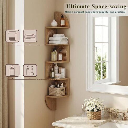 5-Tier Floating Corner Shelves for Wall, Zigzag Corner Shelf Unit, PVC Rattan Sides, Space-Saving, for Kitchen, Living Room, Bedroom, Boho Style, Oak Beige in Saudi Arabia