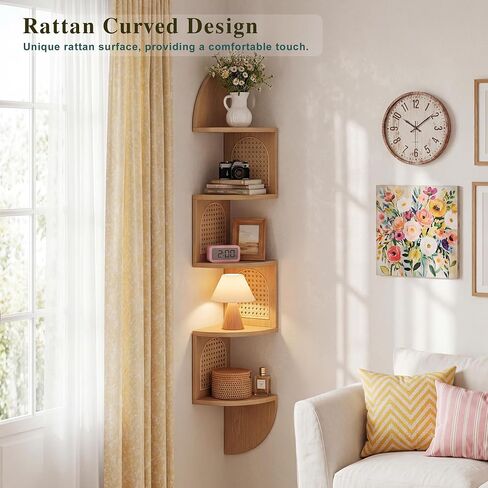 5-Tier Floating Corner Shelves for Wall, Zigzag Corner Shelf Unit, PVC Rattan Sides, Space-Saving, for Kitchen, Living Room, Bedroom, Boho Style, Oak Beige in Saudi Arabia