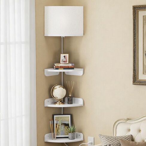 YAOHUOO Corner Shelf Wall Mounted with Light, Set of 3 Corner Floating Shelves with Cord Hole for Cable Box, Round End Wall Mounted Floating Shelf for Bedroom, Living Room and Kitchen, Rustic Brown in Saudi Arabia