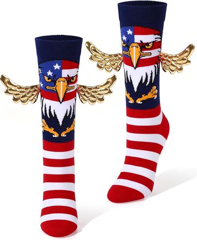 4th of July Socks for Women Men, Funny 3D Eagle Patriotic American Flag Crew Socks with Golden Wings, Red White and Blue Star Stripe USA Stocking Gifts for Birthday Veterans Memorial Day in Saudi Arabia