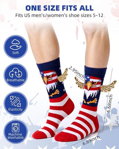 4th of July Socks for Women Men, Funny 3D Eagle Patriotic American Flag Crew Socks with Golden Wings, Red White and Blue Star Stripe USA Stocking Gifts for Birthday Veterans Memorial Day in Saudi Arabia
