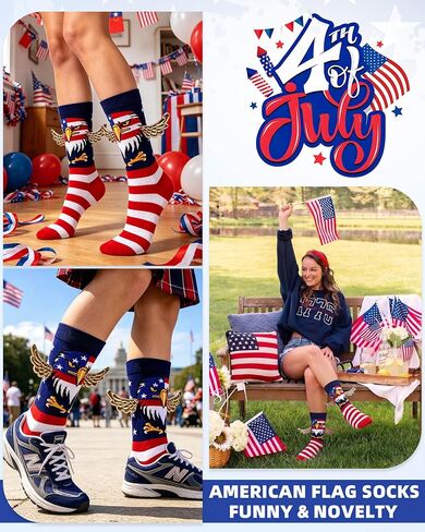 4th of July Socks for Women Men, Funny 3D Eagle Patriotic American Flag Crew Socks with Golden Wings, Red White and Blue Star Stripe USA Stocking Gifts for Birthday Veterans Memorial Day in Saudi Arabia