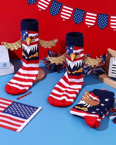 4th of July Socks for Women Men, Funny 3D Eagle Patriotic American Flag Crew Socks with Golden Wings, Red White and Blue Star Stripe USA Stocking Gifts for Birthday Veterans Memorial Day in Saudi Arabia