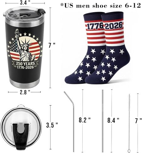 GOAUS 250th Anniversary Socks and Tumbler 20 oz Set, American Merchandise 250 Years USA 4th July Gifts in Saudi Arabia
