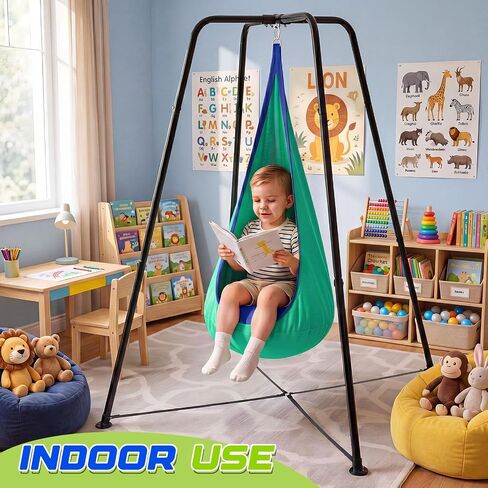 Sensory Swing Stand Frame with Pod Chair and Swing Set Kid Heavy Duty Metal Swings Stand Autism Hammock Chair Stands Tree Saucer Round for Adult Indoor Outdoor Backyard Park, Gradient Green in Kuwait