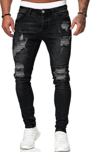 HUNGSON Men's Blue Slim Fit Jeans Stretch Destroyed Ripped Skinny Jeans Side Striped Denim Pants in Saudi Arabia
