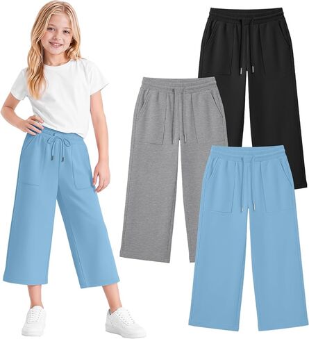 3 Pack Girls Capri Pants Loose Wide Leg Cropped Pants Kids Drawstring Capris Sweatpants with Pockets 5-14Y in Kuwait