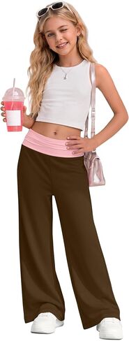 Girl's Fold Over Yoga Pants Low Rise Wide Leg Sweatpants Kids Color Block Foldover Leggings Casual Pants 5-14 Years in Kuwait