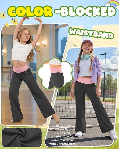 Girl's Fold Over Yoga Pants Low Rise Wide Leg Sweatpants Kids Color Block Foldover Leggings Casual Pants 5-14 Years in Saudi Arabia