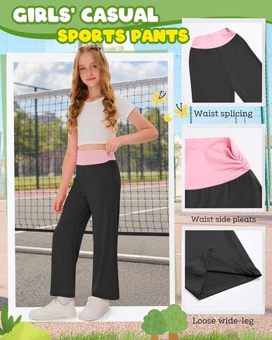 Girl's Fold Over Yoga Pants Low Rise Wide Leg Sweatpants Kids Color Block Foldover Leggings Casual Pants 5-14 Years in Saudi Arabia
