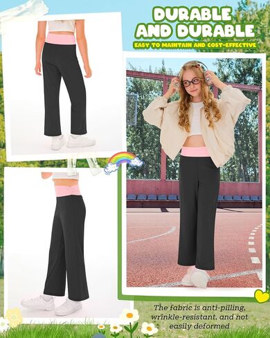 Girl's Fold Over Yoga Pants Low Rise Wide Leg Sweatpants Kids Color Block Foldover Leggings Casual Pants 5-14 Years in Saudi Arabia