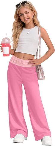 Girl's Fold Over Yoga Pants Low Rise Wide Leg Sweatpants Kids Color Block Foldover Leggings Casual Pants 5-14 Years in Saudi Arabia