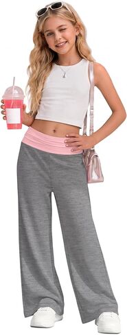 Girl's Fold Over Yoga Pants Low Rise Wide Leg Sweatpants Kids Color Block Foldover Leggings Casual Pants 5-14 Years in Saudi Arabia
