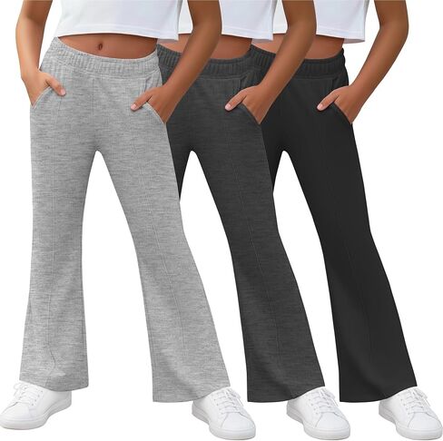 3 Pack Girls' Flare Sweatpants Elastic Waist Bell Bottom Pants Bootcut Casual Trousers with Pockets for 5-14Y Kids in Kuwait