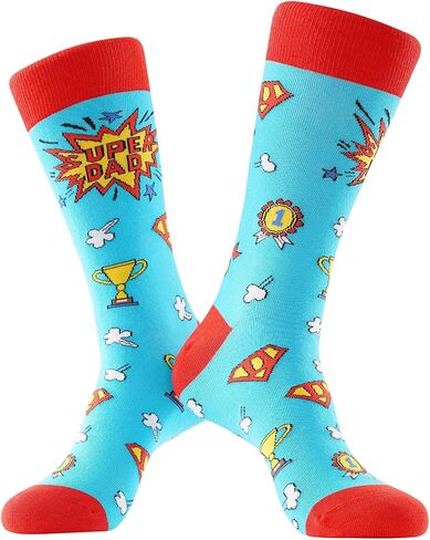 Super Dad Socks, Funny Dad Socks Gift for Father’s Day, Novelty Cotton Dress Socks for Men, Seamless Toe Breathable Crazy Socks for Dad Husband Grandpa, Size 8-12 in Saudi Arabia