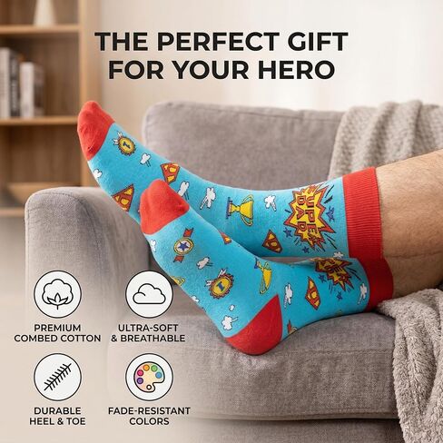 Super Dad Socks, Funny Dad Socks Gift for Father’s Day, Novelty Cotton Dress Socks for Men, Seamless Toe Breathable Crazy Socks for Dad Husband Grandpa, Size 8-12 in Saudi Arabia