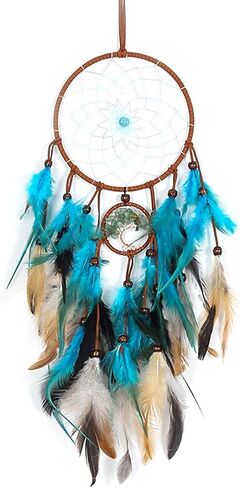 Feather Dream Catcher, Blue Tree of Life with Feathers Dreamcatcher Bead Wall Hanging Decor Indians Traditional Circular Net Hanging Art Ornament for Home Bedroom Decor(Blue) in Kuwait