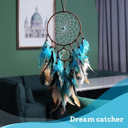 Feather Dream Catcher, Blue Tree of Life with Feathers Dreamcatcher Bead Wall Hanging Decor Indians Traditional Circular Net Hanging Art Ornament for Home Bedroom Decor(Blue) in Kuwait