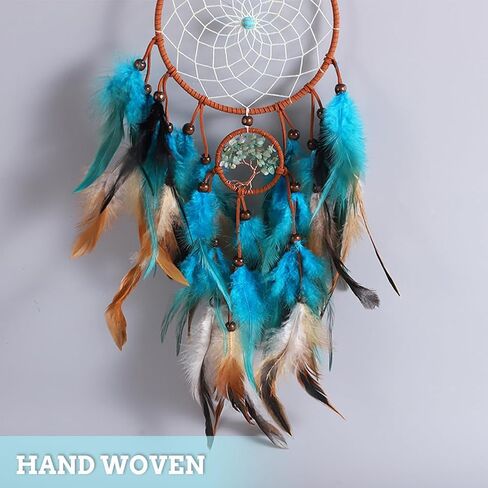 Feather Dream Catcher, Blue Tree of Life with Feathers Dreamcatcher Bead Wall Hanging Decor Indians Traditional Circular Net Hanging Art Ornament for Home Bedroom Decor(Blue) in Kuwait