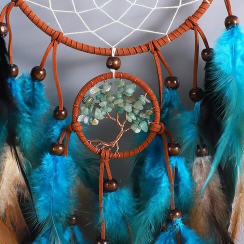 Feather Dream Catcher, Blue Tree of Life with Feathers Dreamcatcher Bead Wall Hanging Decor Indians Traditional Circular Net Hanging Art Ornament for Home Bedroom Decor(Blue) in Kuwait