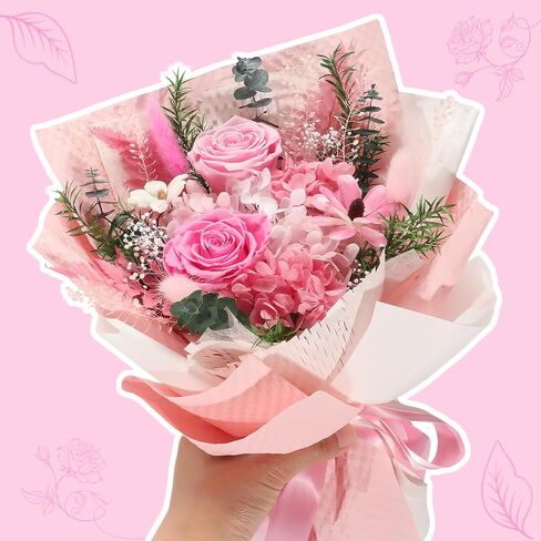 Preserved Flowers Bouquet-Pink Forever Flowers For Delivery Prime, Ideal Anniversary Valentine Gifts for Women Mother Wife Grandma in Saudi Arabia