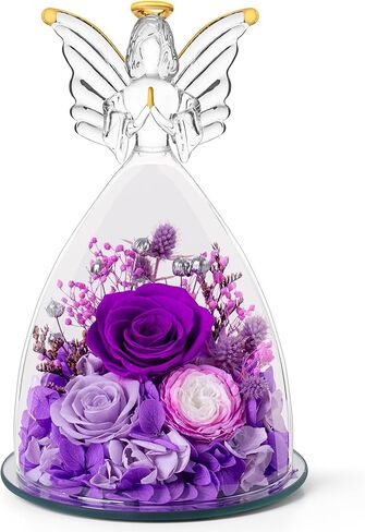 Gifts for Mom Birthday Gifts for Women Forever Preserved Real Roses Flowers in Glass Angel Figurines Fresh Flowers for Delivery Birthday Gifts for Grandma Women Mom Wife from Daughter/Red in Saudi Arabia