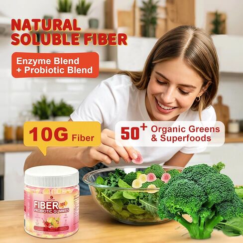 10g Fiber Gummies for Adults, Sugar Free Fiber Supplement for Digestive Health & Regularity, Probiotics, Organic Super Greens & Digestive Enzymes, Vegan, Gelatin Free, 120 Count in Saudi Arabia