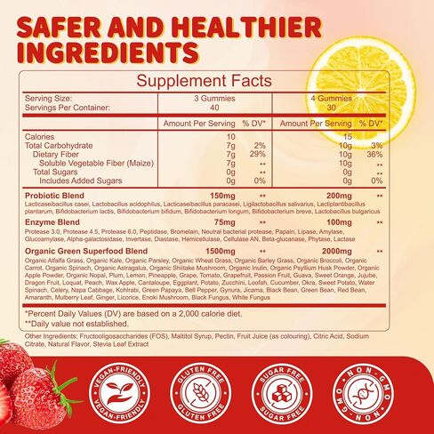 10g Fiber Gummies for Adults, Sugar Free Fiber Supplement for Digestive Health & Regularity, Probiotics, Organic Super Greens & Digestive Enzymes, Vegan, Gelatin Free, 120 Count in Saudi Arabia
