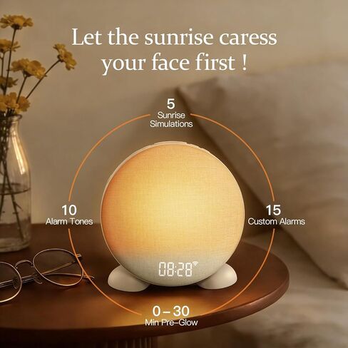 ANJANK App Smart Sunrise Alarm Clock Sound Machine with Wake up Light, Dimmable Clock & Night Light, Up to 15 Alarms, White Noise Machine with 25 Soothing Sounds for Bedroom, Gift for Kids Adults in Kuwait