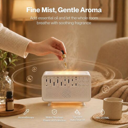 White Noise Machine with 8 Mixable Nature Sounds, Flame Light & Aroma Diffuser – Desktop Sound Machine for Sleep, Office, Yoga & Meditation, with Timer, Bluetooth & USB Power in Kuwait