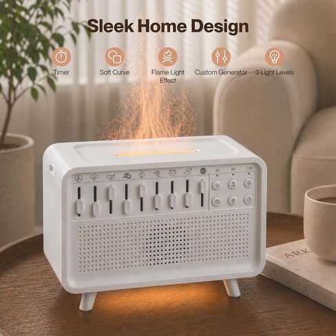 White Noise Machine with 8 Mixable Nature Sounds, Flame Light & Aroma Diffuser – Desktop Sound Machine for Sleep, Office, Yoga & Meditation, with Timer, Bluetooth & USB Power in Kuwait