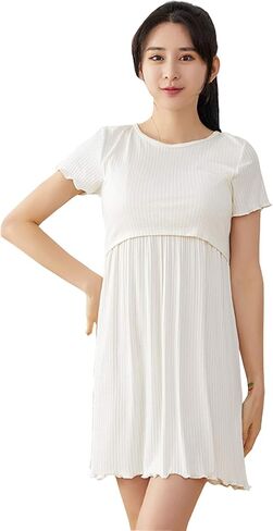 Womens Short Sleeves Nursing Dress Breastfeeding Cotton Maternity Maxi Summer Button-Down Dresses in Saudi Arabia