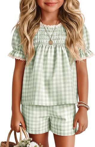 Xaatren Girls 2 Piece Gingham Outfits Puff Sleeve Shirts Shorts with Pockets Lace Trim Summer Matching Sets 5-14 Years in Kuwait