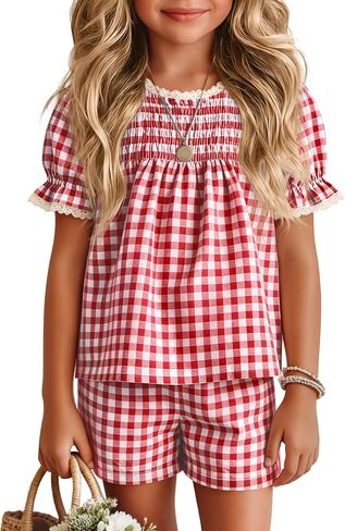 Xaatren Girls 2 Piece Gingham Outfits Puff Sleeve Shirts Shorts with Pockets Lace Trim Summer Matching Sets 5-14 Years in Saudi Arabia