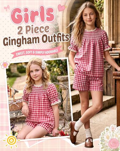 Xaatren Girls 2 Piece Gingham Outfits Puff Sleeve Shirts Shorts with Pockets Lace Trim Summer Matching Sets 5-14 Years in Saudi Arabia