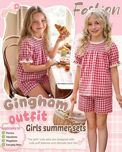 Xaatren Girls 2 Piece Gingham Outfits Puff Sleeve Shirts Shorts with Pockets Lace Trim Summer Matching Sets 5-14 Years in Saudi Arabia